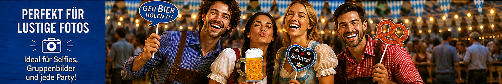 Personen nutzen bayerische Fotobox Accessoires f&uuml;r lustige Gruppenfotos